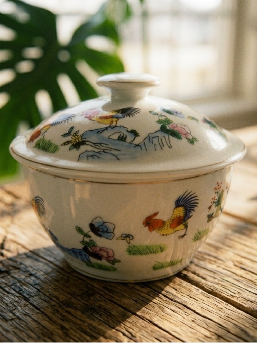 Vintage Chinese Porcelain Lidded Bowl Hand Painted Rooster & Peony Motif Ming Li